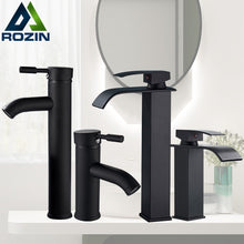 Load image into Gallery viewer, Rozin Matte Black Basin Faucet Deck Mounted Single Lever Bathroom Crane Waterfall Brass Bathroom Tap Hot Cold Water Mixer Taps
