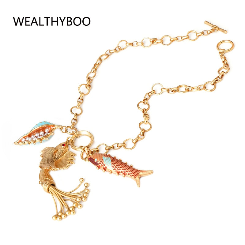 WealthyBoo Boho Enamel Marine Life Charms Pendant Necklace Chic Mermaid Tassel Conch Dangle Choker Ocean Beauty Accessories