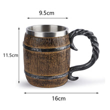 Load image into Gallery viewer, Viking Wood Style Beer Mug Simulation Wooden Barrel Beer Cup Double Wall Drinking Mug Metal Insulated 1PCS Bar Drinking кружка

