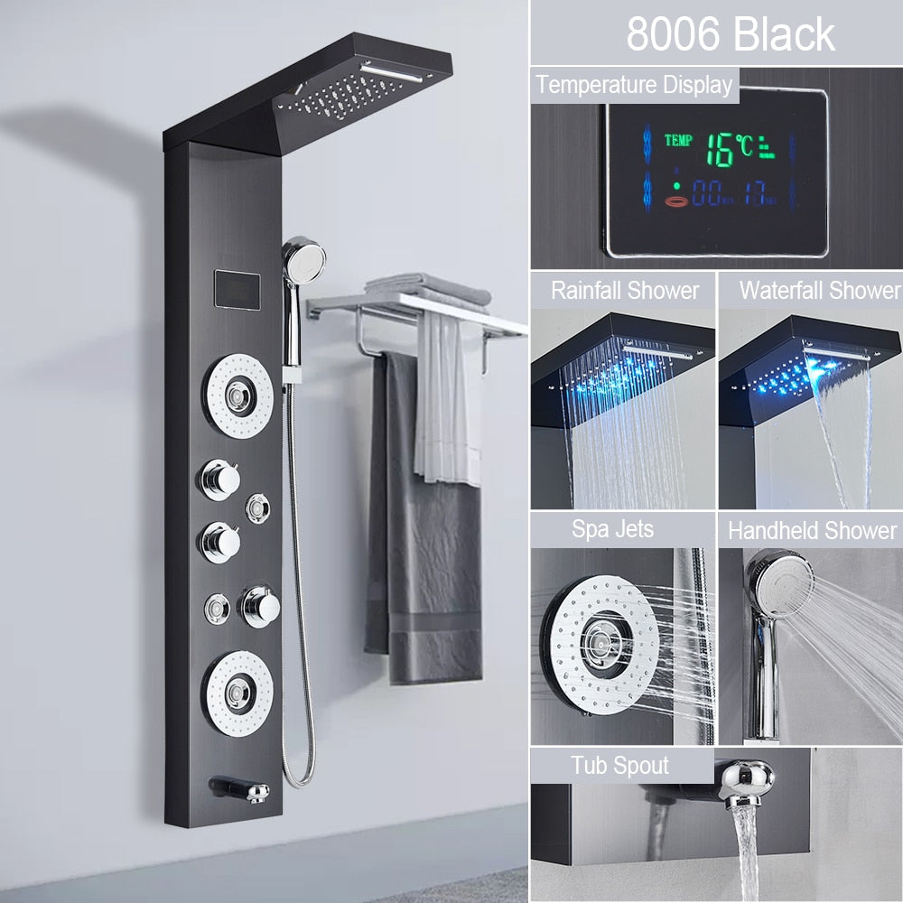 LED Light Shower Panel Waterfall Rain Digital Display Shower Faucet Set SPA Massage Jet Bathroom Column Mixer Tap