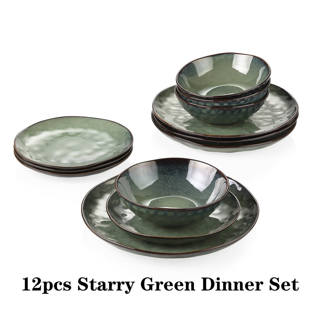 VANCASSO Starry 12/24/36-Piece Dinner Set Vintage Look Ceramic Green Stoneware Tableware Set with Dinner,Dessert Plate,Bowl
