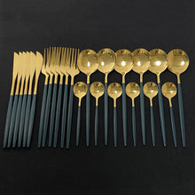 Load image into Gallery viewer, 24Pcs Colorful Dinnerware Set Stainless Steel Cutlery Set Kitchen Mirror Gold Tableware Set Knife Fork Spoon Dinner Set
