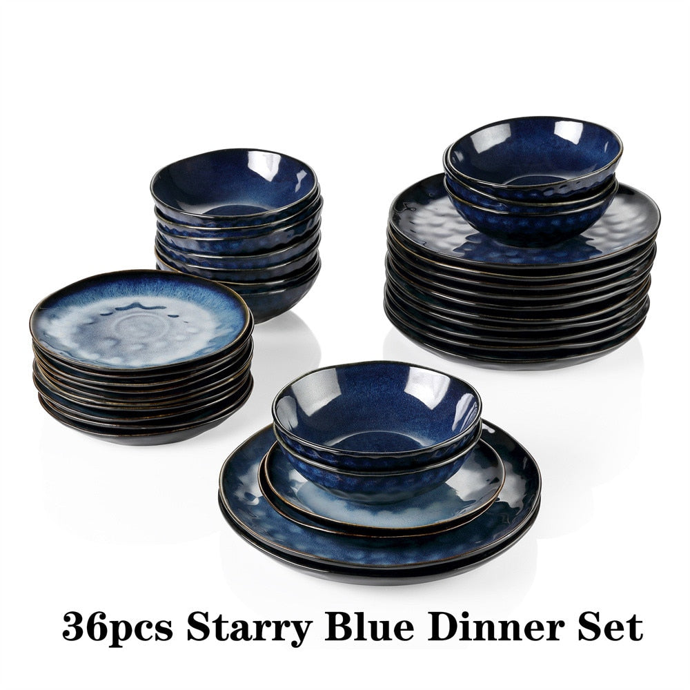 VANCASSO Starry 12/24/36-Piece Dinner Set Vintage Look Ceramic Blue Stoneware Tableware Set with Dinner Plate,Dessert Plate,Bowl