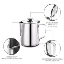 Load image into Gallery viewer, Stainless Steel Milk Frother Pitcher With Lid Espresso Barista Cappuccino Coffee Milk Jug Cream Latte Cup for Home Cafe Bar
