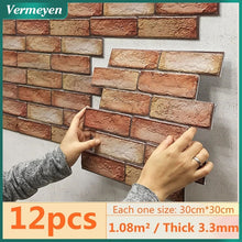 Load image into Gallery viewer, 12pcs 3D Brick Wall Sticker Self-Adhesive PVC Wallpaper for Bedroom Waterproof Oil-proof Kitchen Stickers DIY Decor
