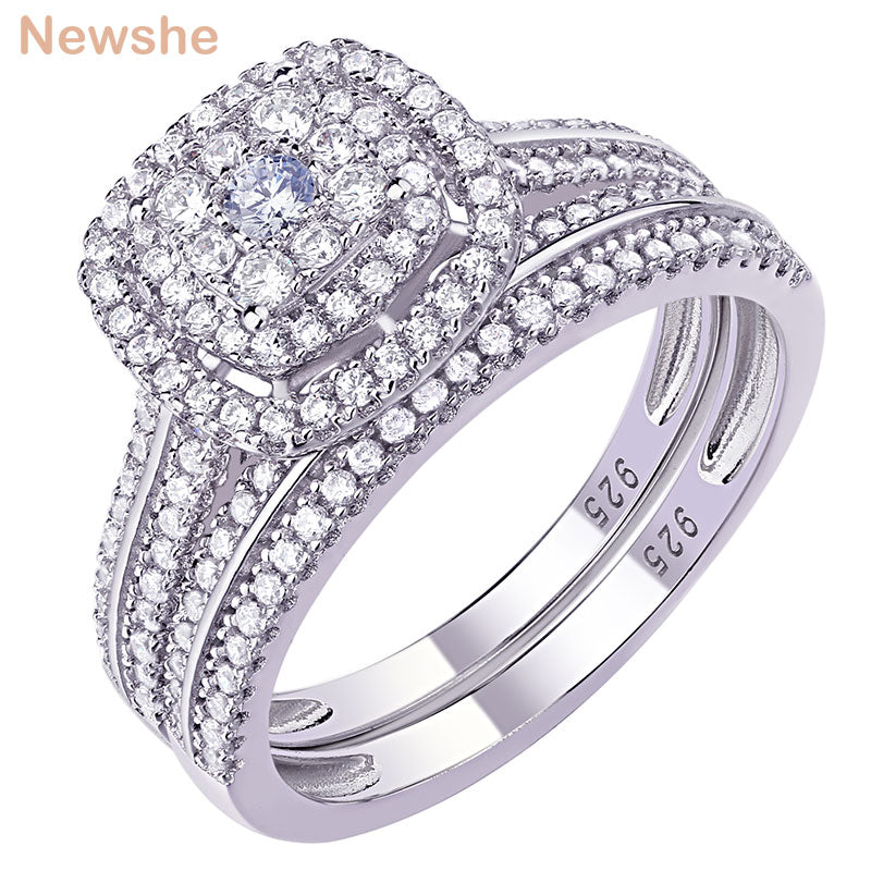 Newshe 2Pcs Wedding Rings for Women Solid 925 Sterling Silver Engagement Ring Bridal Set 1.6Ct Halo Round Cut AAAAA Zircon