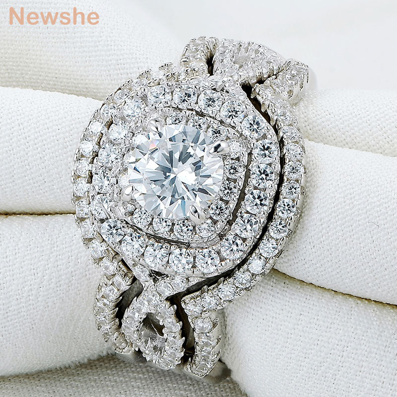 Newshe 3 Pcs 925 Silver Wedding Rings for Women Origin Design 2.1Ct Brilliant Round Cut AAAAA CZ Engagement Bridal Set Size 4~13