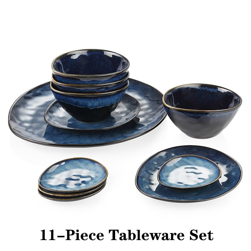 VANCASSO Starry Blue 11/22/33-Piece Ceramic Tableware Dinner Set Vintage Look with Serving Platter,Dessert Plate,Bowl and Saucer